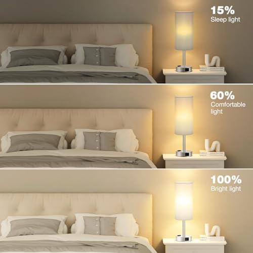 Fenmzee Grey Bedside Lamp for Bedroom, Dimmable Touch, USB A+C, AC Outlet