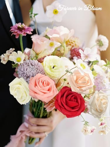30PCS Mix Color Artificial Roses with Stems, Real Touch Foam Flowers