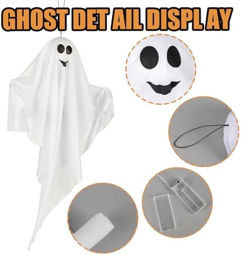 4 Pack Halloween Hanging Ghosts with LED Lights, 27.5 Inch Light Up Ghost Decorations for Indoor Outdoor, Lawn Yard Tree Hanging Halloween Ornaments, Spooky Lighted Party Supplies
