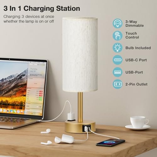 Fenmzee Gold Bedside Lamp for Bedroom, Dimmable Touch, USB A+C, AC Outlet