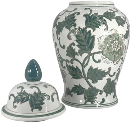 Galt International Green Blossom Floral Chinoiserie Ceramic Temple Jar 18" w/Lid - Ginger Jar Home & Kitchen Decor for