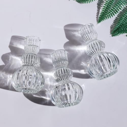 Woho 3pcs Clear Taper Candle Holders 4.3" H, Ribbed Candlestick Holders