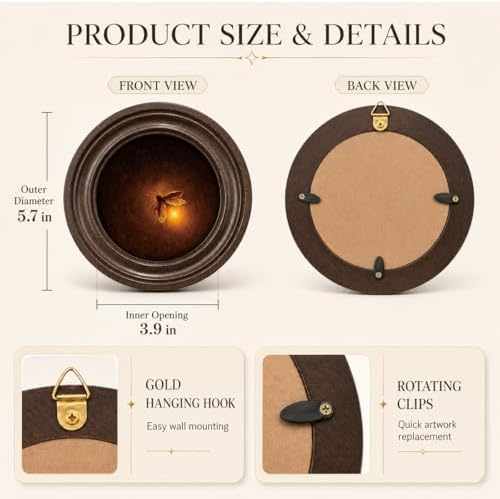 MOCHPEN Glowing firefly Round Wall Art Decor, Dark Academia Hanging Painting Artwork, Antique style Insect Decoration for Nursery Library Bedroom Living Room Reading Nook Gallery, 5.7x5.7 Inch