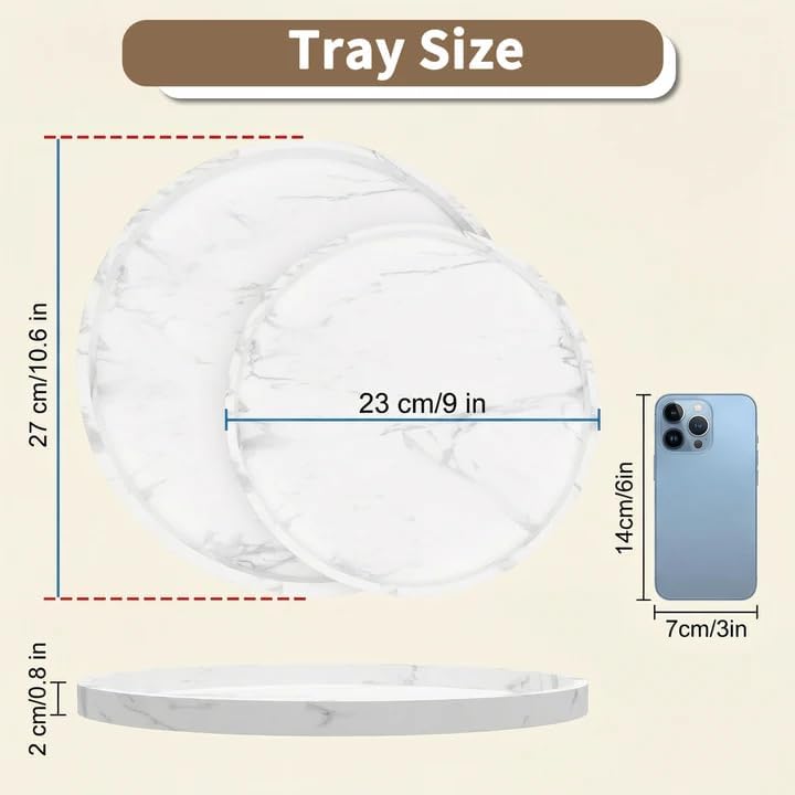 Counter Tray / Round Silicone Decorative Bathroom Vanity Tray / Marble White / 9.1 / 9.06 Inch