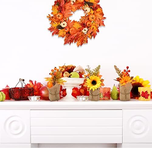 Fall Burlap Floral Arrangements – Set of 3 Artificial Sunflower, Pumpkin