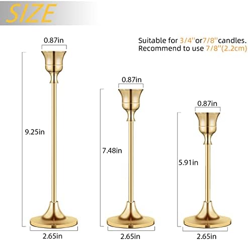 Vintage Gold Brass Taper Candle Holders for Candlesticks, Fireplace & Party - Set of 3