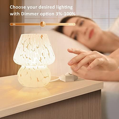ONEWISH Mushroom Lamp Small Bedside Table Lamp-Nightstand Nightlight Dimmable Stepless, Translucent Glass White Desk