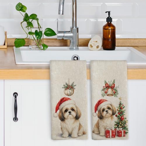 Shih Tzu Christmas Tree Kitchen Dish Towels 16x24, Set of 2