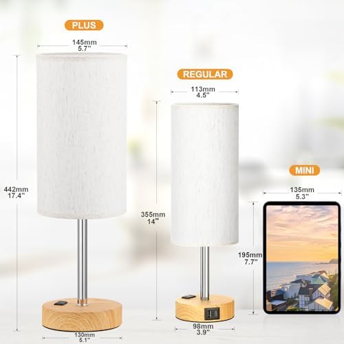 Fenmzee 17.4" Bedside Lamp for Bedroom - Dimmable Touch, USB A+C, AC Outlet