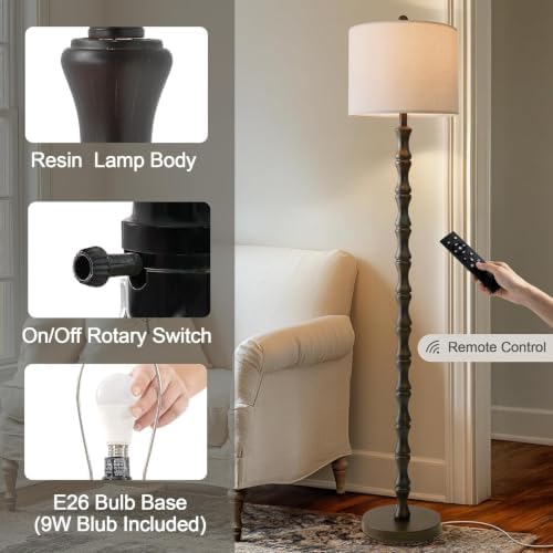 BOBOMOMO 62" Rustic Farmhouse Floor Lamp Dark Brown with Remote & Dimmable 9W Bulb, 3 Color Temperatures Resin Standing