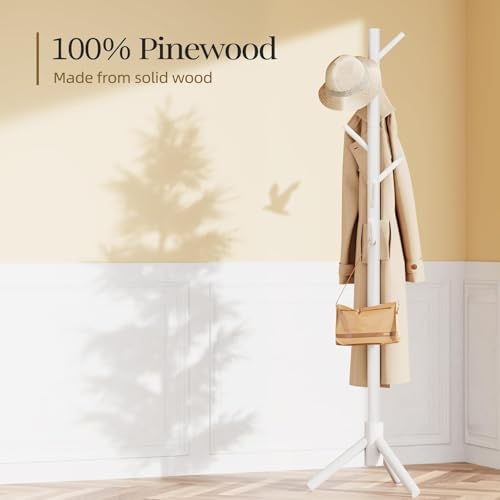 Pipishell Solid Wooden Coat Rack Freestanding with 8 Hooks, White