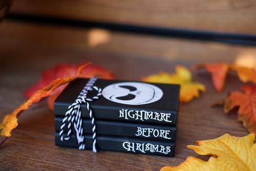 Mini Black Halloween Tiered Tray Decor Wood Decorative Book Stack, Rustic Farmhouse Faux Books Bundle for Home Table Mantle Shelf Decoration Nightmare Before Christmas Sign