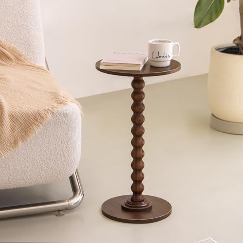 Fultyle Small Round Side Table, Walnut End Table for Small Spaces, Modern Drink Table Accent Table with Solid Wood Leg