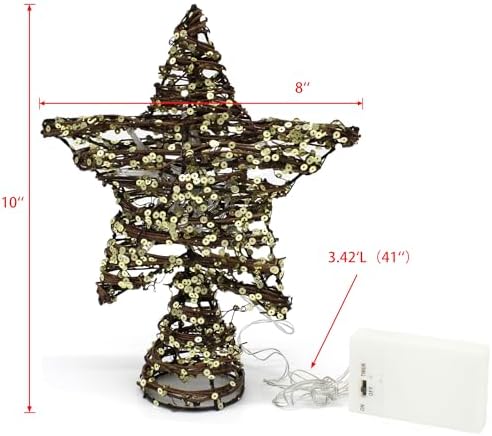 CVHOMEDECO. Rattan Star Christmas Tree Topper with LED Lights, Rustic Farmhouse Style Tree Toppers Ornaments, 8 x 10 Inch
