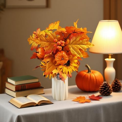 Fall Flowers Artificial for Decoration,16.9 In Fall Floral Stems Picks with Pumpkin Pinecone Sunflower Berry Maple Leaf Stem for Autumn Harvest Thankgiving Home Table Centerpiece Floral Arrangements