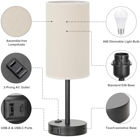 Fenmzee 17.4" Beige Lamp for Bedroom - Dimmable Touch, USB A+C, AC Outlet