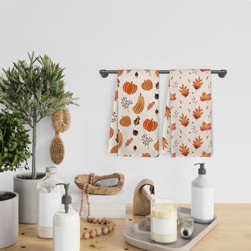 Fall Leaf Pumpkin Kitchen Towels and Dishcloths Set of 2, Hand Towels, Dish Towels, Leaves Decor, Pumpkin Decorative Tea Towels for Bathroom Kitchen, 16x24 Inch