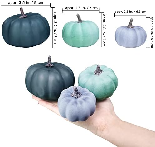 12 Pcs Assorted Small Rustic Harvest Artificial Pumpkins Decorative Pumpkins Foam Pumpkins in Green Blue Gray for Fall Autumn Halloween Thanksgiving Table Centerpiece Mantel Shelf Kitchen Decor