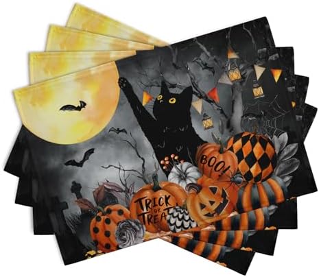 Black Cat Halloween Placemats Set of 4 Spooky Pumpkin Boo Bat Moon Horror Place Mats 12x18 Inch Seasonal Washable Linen Table Mat for Party Kitchen Dining Outdoor Indoor Decor
