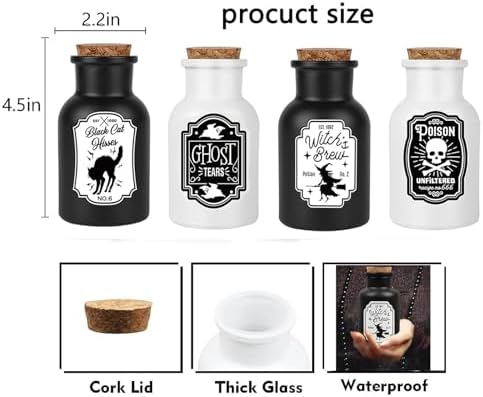 Sarybei Halloween Decorations for Home - Set of 4 Apothecary Potion Bottles with stickers - Scary Witch Poison Ghosts Black Cat Farmhouse Tiered Tray Decor For Home Table Party Supplies