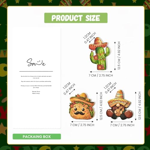 Smile Cinco De Mayo Wooden Tabletop Wooden Decor Set of 3 Mexican Fiesta Figurines (Gnome, Cactus, Taco) for Tiered Tray & Party Display