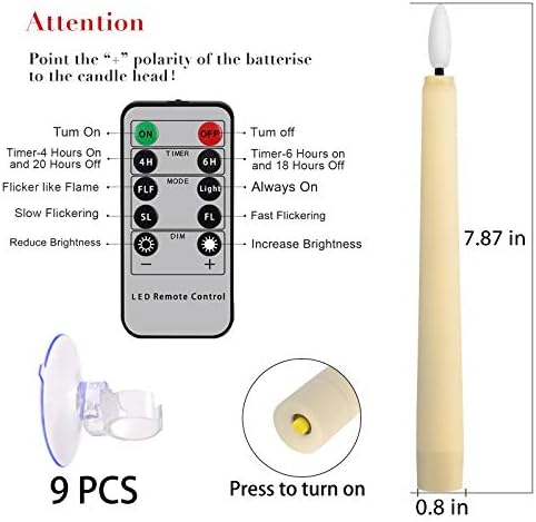 9 PCS Flameless Taper Candles Battery Operated, Realistic Flickering Window Candles with Daily Timer, Remote & Suction Cups Included,for Christmas Home Wedding Decor (Ivory)