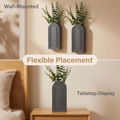 Dnnnii 2 Pack Wooden Wall Vase Set - Gray Finish Modern Farmhouse & Boho Wall Decor for Entryway, Hallway, Bathroom
