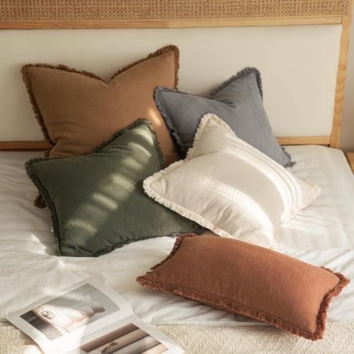 MIULEE Linen Fringe Decorative Euro Throw Pillow Covers Olive Green 22x22