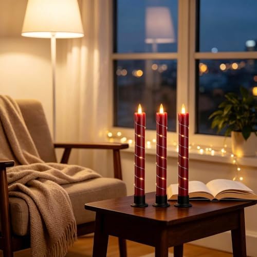 Flameless Cone-Shaped Candle, Patented with Starlight String, 11 Key Remote Control, Timer, Battery Powered, Patented Simulated Flame, 3 Packs, Christmas Home and Wedding Decoration (red)
