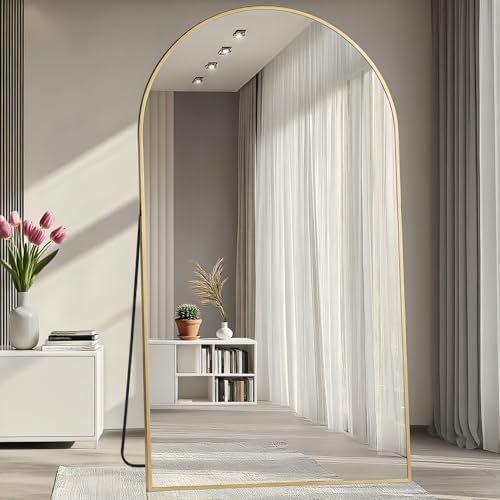 Prywot Full Length Mirror, Oversized 77"x38" Arched-Top Floor Mirror, Gold