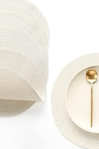 Floroom 15 Inch Round Braided Placemats Set of 4, Washable Heat Resistant Cotton Polyester Circle Place Mats for Kitchen Dining Table - Ivory Cream