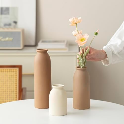Tall Decorative Ceramic Vase Set / Standard Coffee Mix / White / 10.4 Inch / Set of 3