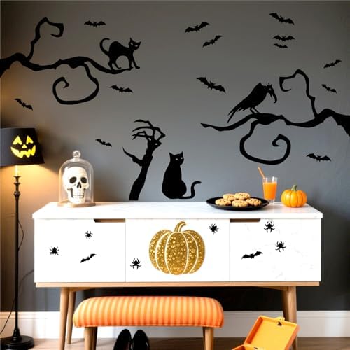 Tree Branch Bat Wall Stickers Halloween Vinyl Black Cat Crow Window Decals