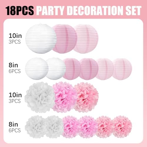 18 PCS Pink White Paper Lanterns & Tissue Paper Pom Poms for Girls Birthday, Baby Shower, Wedding, Bridal Shower, Hanging Paper Decor, Party Decoration Set for Indoor Outdoor Events Party Supplies