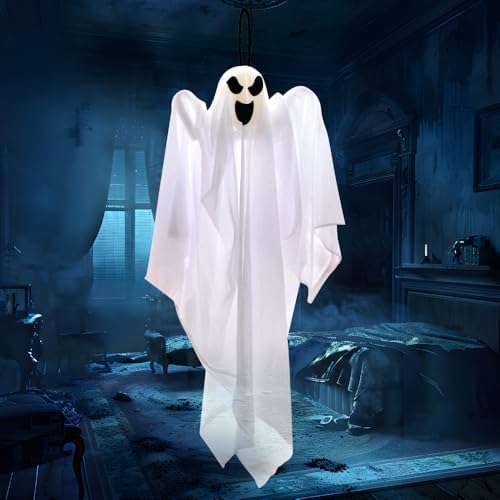 JOYIN 1 PC 27.5" Halloween Hanging Ghost Decorations Outdoor, Halloween Flying White Ghost Decor for Tree Front Yard Patio Lawn Garden, Haunted House Prop, Party Décor Outside