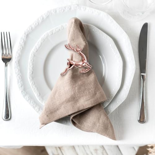 ZeeDix Christmas Rose Gold Reindeer Napkin Rings Set of 24 for Table Decor