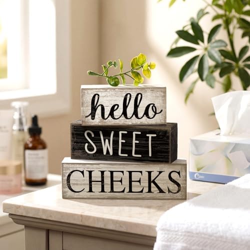 Moucuny 4 Pcs Bathroom Shelf Decor Hello Sweet Cheeks Sign Farmhouse Decor