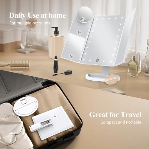 HUONUL 2X/3X/10X Magnifying Vanity Mirror with Light, Trifold Makeup Mirror