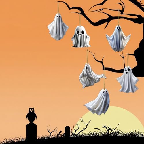 6 Pcs Halloween Hanging Ornaments for Tree Cute White Little Ghost Designs Halloween Spooky Acrylic Pendants Cartoon Ghost Hanging Ornaments Decorative for Holiday Party Craft Supplies