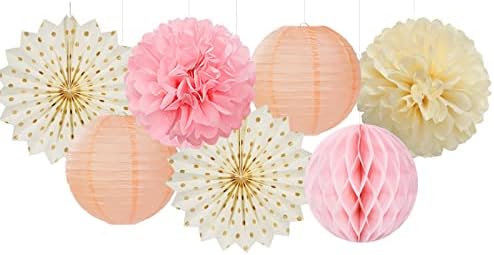 Pink Peach Gold Party Decorations - 14pcs Bridal Baby Shower Girls Birthday Paper Lanterns Fan,Tissue Pom Poms Streamers,Honeycomb Balls,Engagement Wedding Bachelorette Brunch Decor Lasting Surprise