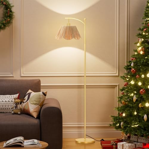 Ambimall 60" Floor Lamps for Living Room with 3 Color Temperatures, Gold Floor Lamp with Rattan Shade, Modern Tall