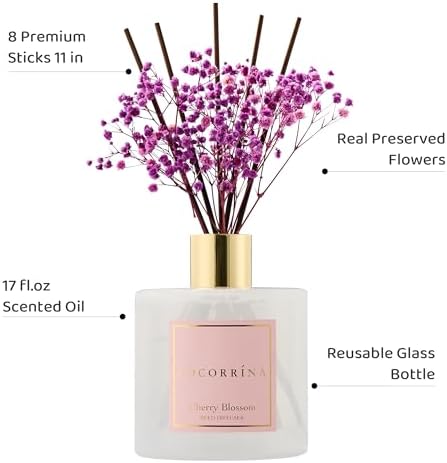 COCORRÍNA Reed Diffuser - Cherry Blossom 17 Fl.oz Reed Diffuser with 8 Sticks Scented Diffuser with Preserved Flowers
