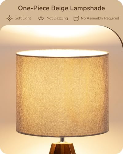EDISHINE Boho Small Table Lamp, Wood Lamp, Grey Linen Lampshade,14.2 Inch
