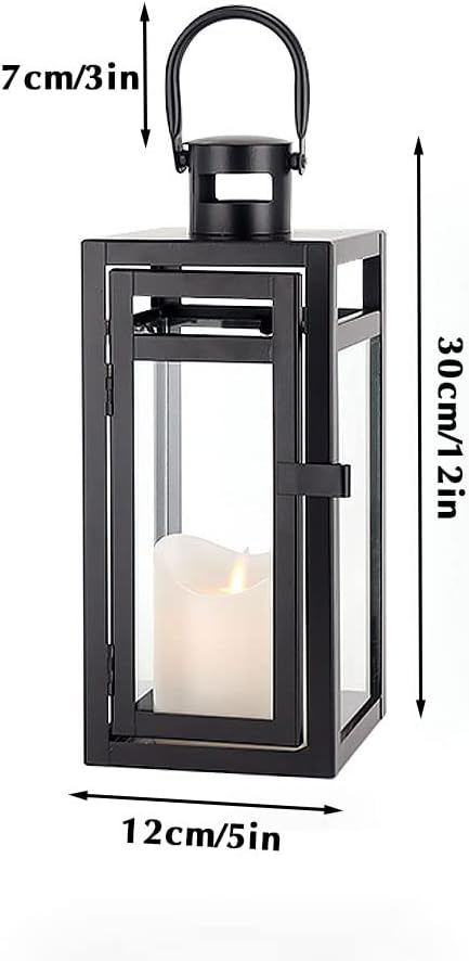 TRIROCKS Metal Candle Lantern 12'' High Decorative Outdoor Lantern Hanging Lantern with Tempered Glass for Christmas
