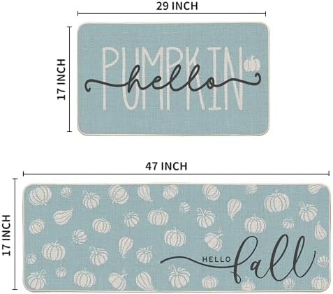 Artoid Mode Blue Hello Pumpkin Fall Kitchen Mats Set of 2, Autumn Home Decor Low-Profile Kitchen Rugs for Floor - 17x29