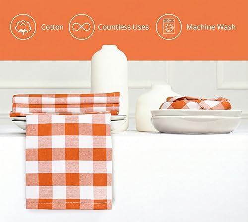 PurpleEssences Plaid Napkins 18x18 Buffalo Plaid - Orange & White