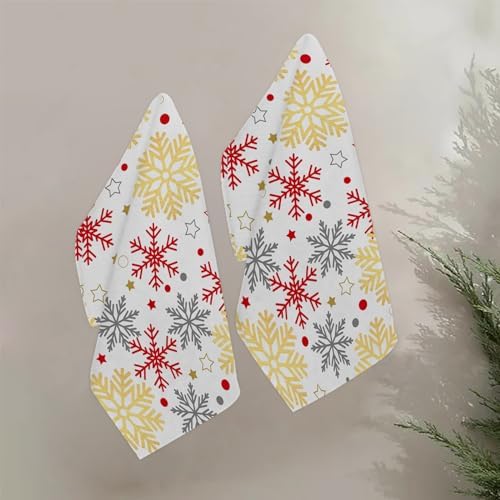 JOOCAR Snwoflake Kitchen Towels Christmas Kitchen Decor Dish Towels Set of 2, 16x27 Inch Seasonal Drying Dishcloth, Gold White Red Snowflake Decoration Hand Towels