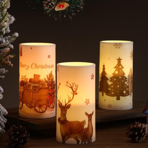 Retisee 3 Pcs Rustic Christmas Flameless LED Candles with Remote for Table