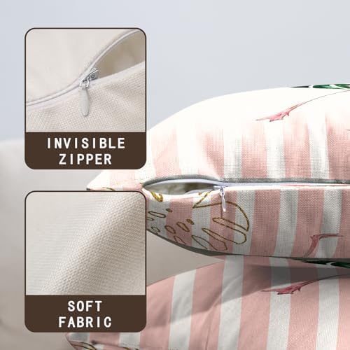 Summer Flamingo Outdoor Pillow Covers Pink Flamingo Tropical Leaves Abstract Geometric Pillows Cases Set of 2 Pink and White Striped Pillowcase for Farmhouse Living Room Decor, 22 X 22 Inch
