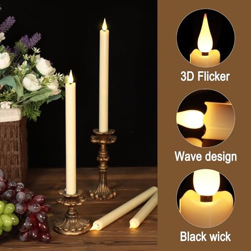 11 Inch Flameless Taper Candles with Remote,Battery Powered Candlesticks Realistic Flickering,Ivory Led Candlestick with 3D Wick for Christmas Home Wedding Decor (Pack of 6)